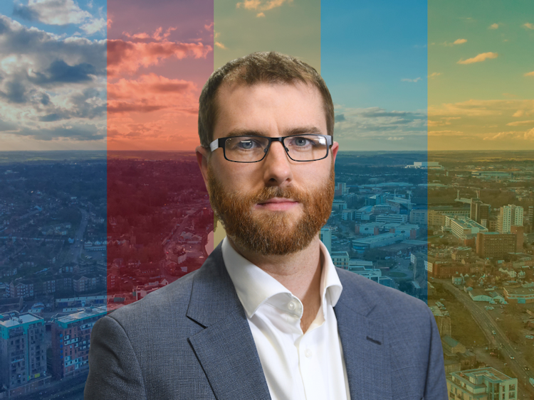 Tim Miller on a backdrop of Ipswich from above and political party colour overlays